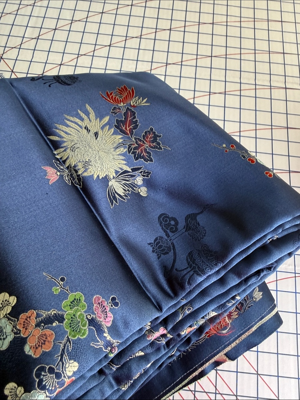 Vintage 1950s 60s Asian Brocade Satin Fabric Navy Floral Crane 4.75 Yds x 36 - Picture 2 of 16